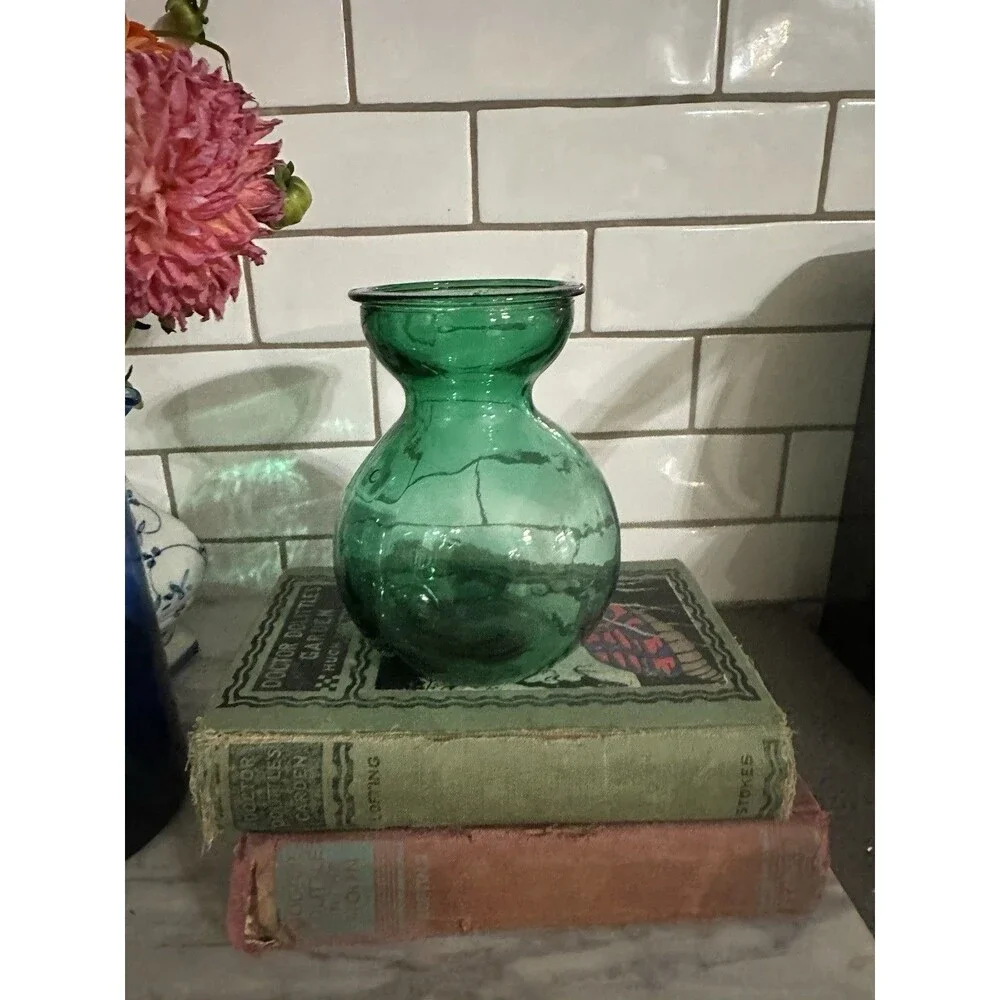 Antique Emerald Green Glass Hyacinth Bulb Forcing Vase Hand Blown